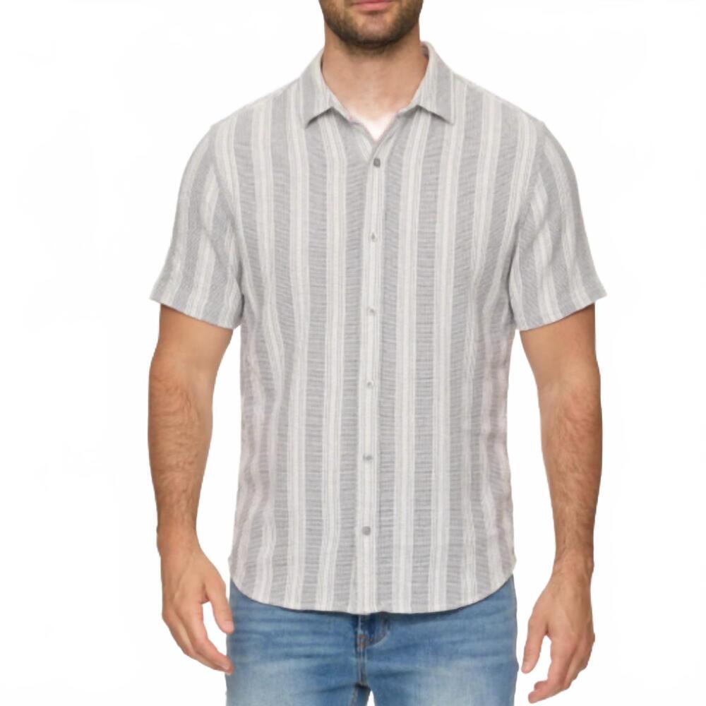 NEW FLAGS & ANTHEM hutchins short sleeve textured stripe shirt in blue/white